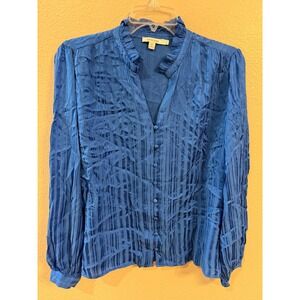 Chico's Blouse Womens  Blue Excellent Ruffle Neck Button Front Long Sleeve